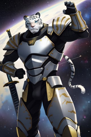 white tiger, mutant,solider,commander space, titan,muscle body, samurai style,humanoid,army, urmah warrior,ufo,green eyes,sword,big dick,golden armour,blue eyes,silver shield,golden claw,space_ ship