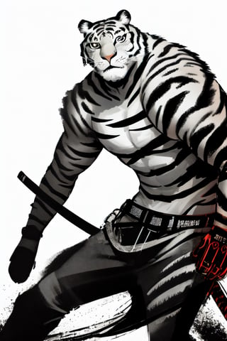 streetwear, white tiger, mutant, muscle body, samurai style, cyberpunk background, bright background,