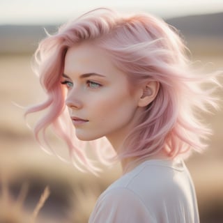 A candid shot of a girl with wind-tousled, pastel pink hair, her eyes gazing thoughtfully into the distance, captured in a soft, natural light that highlights her youthful features. The composition frames her against a simple, open landscape, emphasizing her contemplative expression and the gentle movement of her hair, creating a serene and introspective portrait with a whimsical touch.
