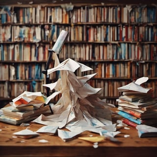 Origami ,dripping paint, hundred books, pages, wooden table, telescope, 