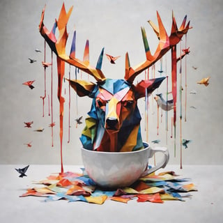 Origami , dripping paint, coffee, mug, bedsheet, bear, deer, birds