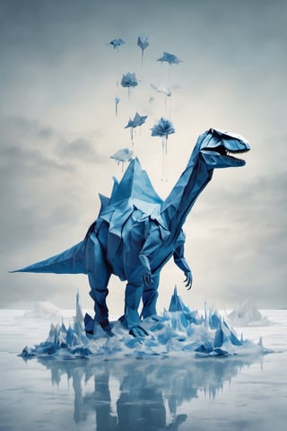 Origami, dripping paint, dinosaurs standing on a tiny island in a vast frozen ocean, full body portrait, wide-scale lens 