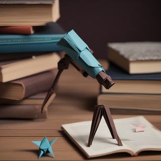 Origami, books, pages, telescope, table