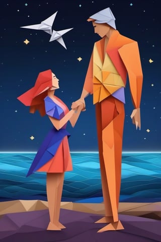 Origami, one man and a woman looking at each other, dark sky at night, standing near an ocean, smiling, dancing 