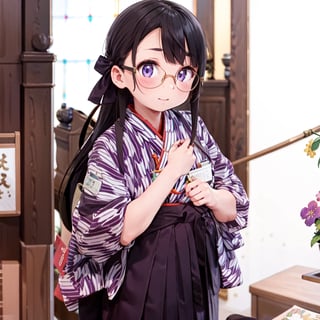 best quality, ultra-detailed, illustration,BMC, 1girl, black hair, long hair, glasses,  japanese clothes, yagasuri, hakama skirt, purple hakama, kimono, indoors,  