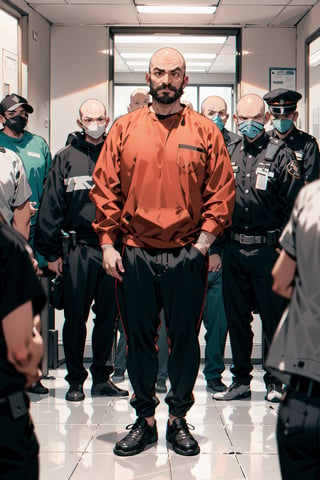 A middle-aged man with a bald head of black beard and a nervous look on his face stands in front of many black-clad guards, staring at his feet with a nervous and serious expression. He is dressed in a one-color orange top and bottom sweatshirt, the clothing of a prisoner. The background is a public facility office, with desks overflowing with papers and other clutter. The other people are staring at him with serious expressions.