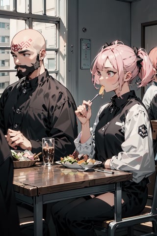 It depicts three people dressed in pitch black prison uniforms. They are one bald-headed, bearded middle-aged man and two very young elementary school girls, one with a short bob cut of light blue hair color. The other has pink hair-colored twin-tails.
In the background, they are in a prison cell with fashionable PCs, sitting around a dining table, eating and discussing.