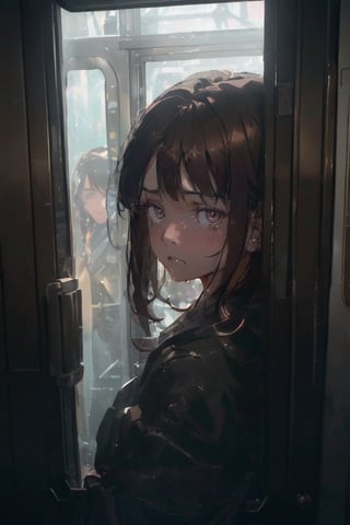 Real 3D Composite, (Depiction of a woman with dark hair color and small dark eyes speaking to me outside from inside a train door window: 1.5)( She turns toward me and brings her face close to me through the window. Her sad expression: 1.5)