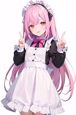 (1 girl),(She is wearing a pure white maid outfit with pink decorations:1.2),(White background) (She has long straight pink hair.),(She has a strange expression on her face and bright red and orange eye color),(she is posing with both hands in a big peace sign), (She is very flat busted)