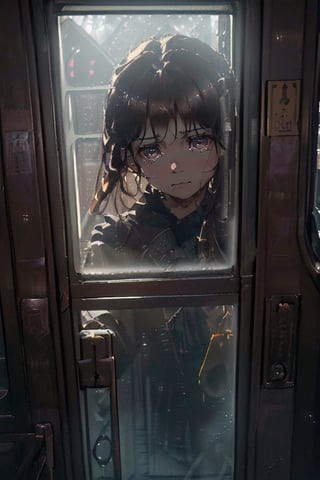 Real 3D Composite, (Masterpiece), (Best Picture Quality), ((Super Detail)), (Ultra Realistic), (High Definition Photo), 8k, photorealistic, (Very Detailed: 1.5), (Best Picture Quality), (Depiction of a woman with dark hair color and small dark eyes speaking to me outside from inside a train door window: 1.5)( She turns toward me and brings her face close to me through the window. Her sad expression: 1.5)