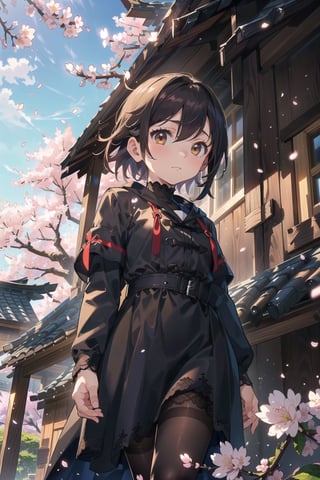 (Main theme is Squall of cherry blossoms),(Looking down point of view:1.5)(Squall of cherry blossoms:1,5),(1 girl and child:1.5),(you are bored under the eaves:1.5),(pure black hair, long straight cut),(she is looking down with anxious expression),(brown long coat, black lace body stocking suit),(standing vaguely),(Glaze technique),(8k)