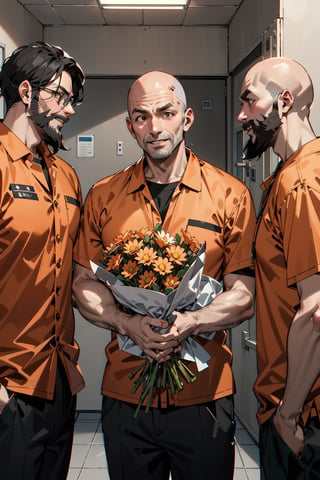 A middle-aged man with a bald head of black beard and two middle-aged men with cheerful faces are discussing arm-in-arm. They are dressed in orange work clothes, prison uniforms. The background is a room in a prison cell, bare of rugged concrete and equipped with surveillance cameras. They are holding a bouquet of blessing flowers and congratulating us loudly.