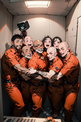 A middle-aged man with a bald head of black beard and 14 middle-aged men with cheerful faces and balding heads are posing for a photo with their arms around each other. They are dressed in orange work clothes, prison uniforms. The background is a room in a prison cell, bare of rugged concrete and equipped with a surveillance camera. They are holding a bouquet of blessing flowers and congratulating us loudly.