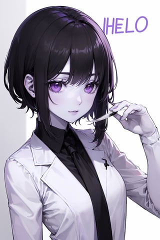 ( Hello theme:1.5),( perfect pure White skin,pure Black hair medium cut, purple eyes, hair brushed:1.5),(long suit and Wear a tie, She is  full RUN.)