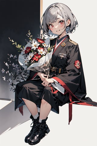 A very young elementary school girl, 10 years old, She has short bob of gray hair and bright red eyes.,dressed in the officer's uniform of the former Japanese Navy, with the rank of naval general and numerous decorations attached. She wears a military black coat, black military boots, 
She's playing up her carefree smile and trying to forget about the bad stuff.The entire piece is filled with flowers that cannot be held with the fullness of so many bouquets. with a puckered smile on his face.