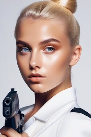 Pretty blonde girl with a gun shot, in the style of celebrity and pop culture references, shiny eyes, platinum-blonde hair in a neat bun, aiming directly at the viewer, Dutch 