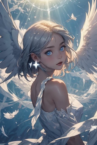 (((masterpiece))), (((best quality))), ((ultra-detailed)), (illustration), (detailed light),((an extremely delicate and beautiful)),(beautiful detailed eyes), (sunlight),(angel),solo,young girls,dynamic angle,floating, bare_shoulders,looking_at_viewer ,wings ,arms_up,halo,Floating white silk,(Holy Light),just like silver stars imploding we absorb the light of day