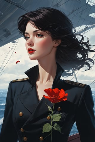 (Highest picture quality), (Prioritizing the exceptional image quality and astonishing level of detail), generate an awe-inspiring (photorealistic:1.1) a female,on ship,wind,missing someone sadly,red petals,artwork portrait, adam hughes, sexy,Film Still,4nime style,greg rutkowski,xray