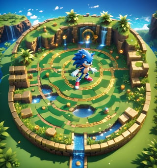 An image of the popular game Sonic the hedgehog, with a layout showing grass, golden rings on pathways, waterfalls, checkered  walls, Isometric view