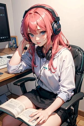 Cute anime girl sitting at her gaming desk with headphones 