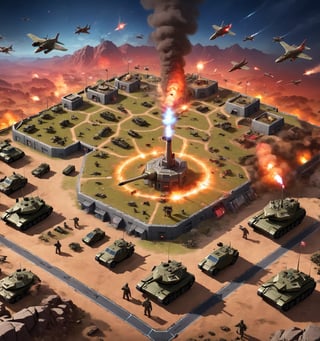 An image of the popular game Command and Conquer , with a battlefield showing tanks and planes , a HQ base with defensive walls , large Tesla coils. Isometric view