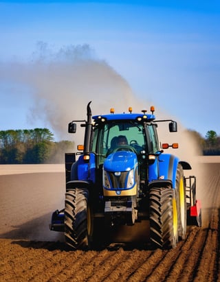 A scene as a New Holland Tractor drives across a plowed field at mid day pulling a roller 