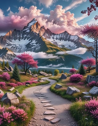 a beautiful fantasy landscape, with mountains and trees, and a majesty sky with white fluffy coulds, the grass is pink and dark purple, that brings magic to the place, it was morning day cinematic 8k photography shot by Sony cameras, ultra realistic,more detail XL