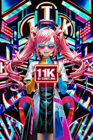 A vibrant anime girl, her bright pink hair styled in pigtails, holds a mesmerizing 3D sign aglow with neon lights. She is holding a sign that reads,  Text "11K" Text, in bold, futuristic font. Against this electric backdrop, a dazzling display of fireworks erupts in shades of crimson and gold, casting a warm glow on the girl's joyful expression.
