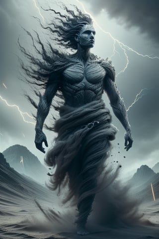 [Prometheus] full body, rule of thirds, sixteen year old Prometheus as Mesopotamian god Šubula, charcoal skin tone, god of underworld, wearing black and navy, ash and soot in the air, lightning raining down, gray sand desert in the background, cinematic, ultra detailed, visually rich, concept art, intricate details, extremely detailed, ultra sharp focus, attention to detail, grandeur and awe, stunning visual masterpiece, double exposure, 32k, photorealistic, strong outlines, cinematographic scene, highest quality,DonM3l3m3nt4l