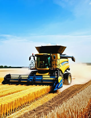 A New Holland Harvester, Harvesting wheat in a field, on a bright day