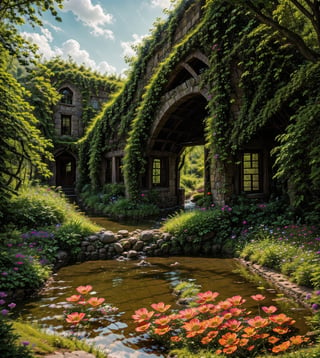 In this serene anime-inspired scene, the rustic stone country house nestles beside a tranquil river, with colourful flowers along the bank of a river, its gentle flow mirroring the quiet charm of the surrounding landscape. The water's surface shimmers with vibrant reflections of lush greenery and an array of colorful flowers, creating a whimsical touch to the idyllic setting.