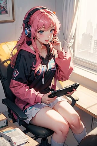 Cute anime girl sitting at her gaming desk playing a game with headphones 
