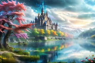 A magical landscape full of beauty trees of colour lots of flowers and grass, and magic, a large lake with a castle on the shore