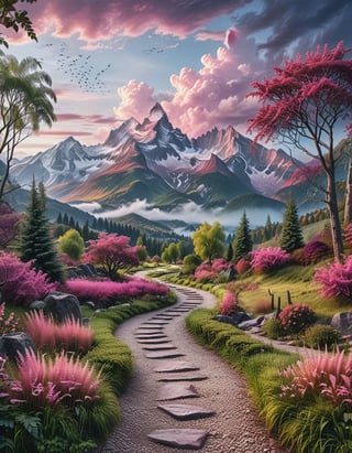 a beautiful fantasy landscape, with mountains and trees, and a majesty sky. the grass is pink and dark purple, that brings magic to the place, it was morning day cinematic 8k photography shot by Sony cameras, ultra realistic,more detail XL