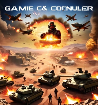 An image of the popular game Command and Conquer , with a battlefield showing tanks and planes , a HQ base with defensive walls 