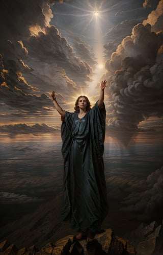 A celestial figure clad in shimmering robes stands atop a mountain peak at dusk, with clouds of apocalyptic orange and crimson hues gathering behind. The messenger's arms outstretched, palms facing the heavens as they gaze down upon the mortal realm below. A halo of golden light surrounds their head, illuminating their solemn expression. In the distance, cities and towns are shrouded in a thick, gray mist, symbolizing the impending doom.,renaissance,photorealistic