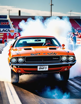 A picture of a 1971 Dodge Challenger muscle car, with hot rod side pipes,  text "got oil" text, full car body image, parked on a drag strip, tyer smoke, Cannon EOS 5D Mark III, 85mm,better photography,Extremely Realistic ,Text