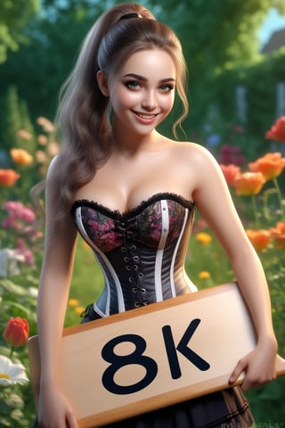A girl in a garden smiling holding a board with text "8K" text, trending on artstation, illustration,ultra-detailed, Corset, realistic, vivid colors, hdr, sharp focus, studio lighting,beautiful detailed eyes,beautiful detailed lips,longeyelashes,medium