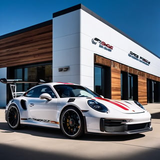 In a breathtakingly clear 8K high-resolution image, a sleek Matt coloured Porsche 911 sits majestically outside a gleaming luxury showroom. The sun shines brightly overhead, casting a warm glow on the vehicle's perfect wheels and precision-cut lines. Framed by the building's sleek facade, the 911 takes center stage, a rear view showing its powerful stance accentuated by the subtle curvature of the showroom's architecture.,Porsche