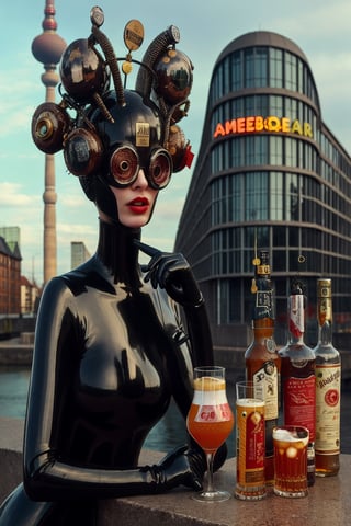 berlin megacity retro-futuristic and a strange aeon bar beer wine and fine whiskeys and coctails,she is wearing bizarre obscure wholebodyrubbersuitwithaccessories  fashion photo shoot