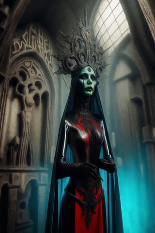 aeon old strange cathedral with occult signs and paintings sinister atmosphere surrounding the area with creepy slithering mist and eerie light a woman wearing black red ice blue and repulsive green wholebodyrubbersuitofaancient priestes with entwined dark metal crown fashion photo shoot becoming lich queen