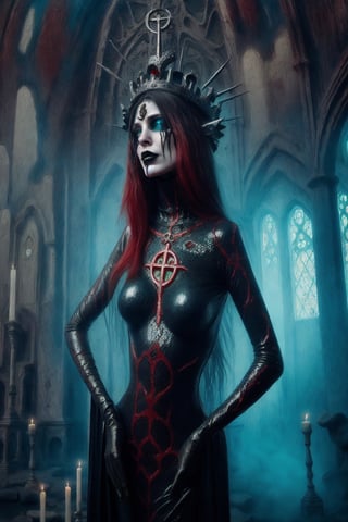 aeon old strange cathedral with occult signs and paintings sinister atmosphere surrounding the area with creepy slithering mist and eerie light a woman wearing black red ice blue and repulsive green wholebodyrubbersuitofaancient priestes with entwined dark metal crown fashion photo shoot becoming lich queen