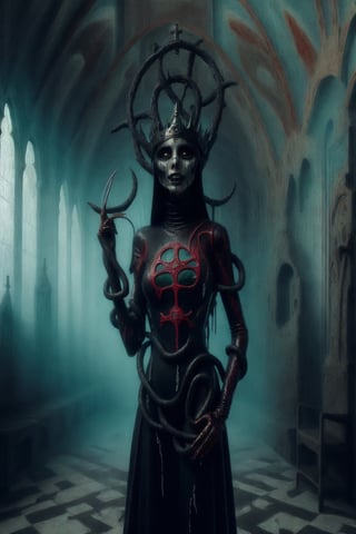 aeon old strange cathedral with occult signs and paintings sinister atmosphere surrounding the area with creepy slithering mist and eerie light a woman wearing black red ice blue and repulsive green wholebodyrubbersuitofaancient priestes with entwined dark metal crown fashion photo shoot becoming lich queen