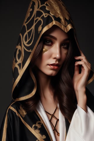 female sorceress mystic robes colored half black and half white with golden outlines fashion photoshoot