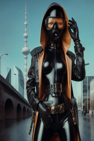 berlin megacity retro-futuristic  gangster ,she is wearing bizarre obscure wholebodyrubbersuitwithaccessories  fashion photo shoot