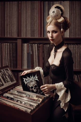 1800´s glamour model woman looking at her collection of death metal records