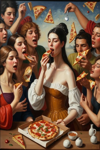 painting of a reneissance era woman eating pizza