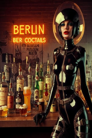 berlin megacity retro-futuristic and a strange aeon bar beer wine and fine whiskeys and coctails,she is wearing bizarre obscure wholebodyrubbersuitwithaccessories  fashion photo shoot