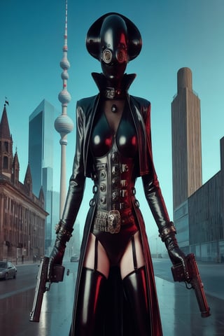 berlin megacity retro-futuristic  gangster ,she is wearing bizarre obscure wholebodyrubbersuitwithaccessories  fashion photo shoot