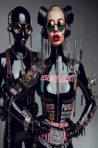 berlin megacity retro-futuristic  gangster ,she is wearing bizarre obscure wholebodyrubbersuitwithaccessories  fashion photo shoot